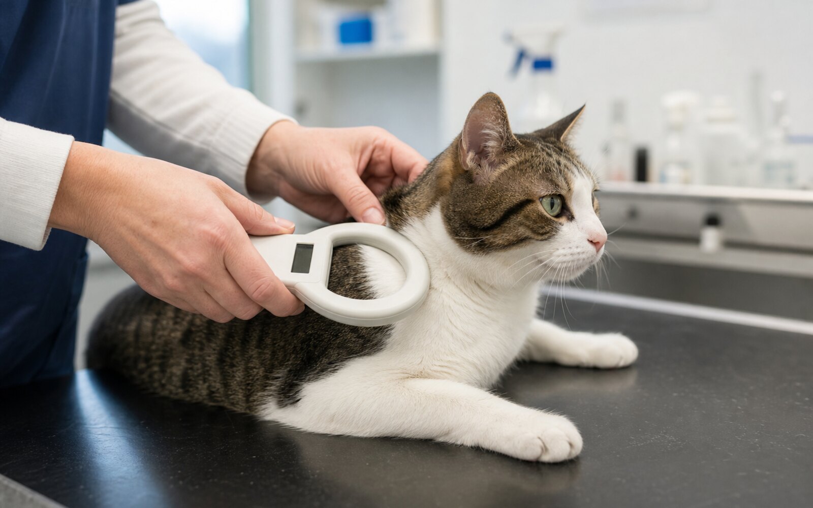 Lecteur de puce électronique approché du cou d'un chat en consultation