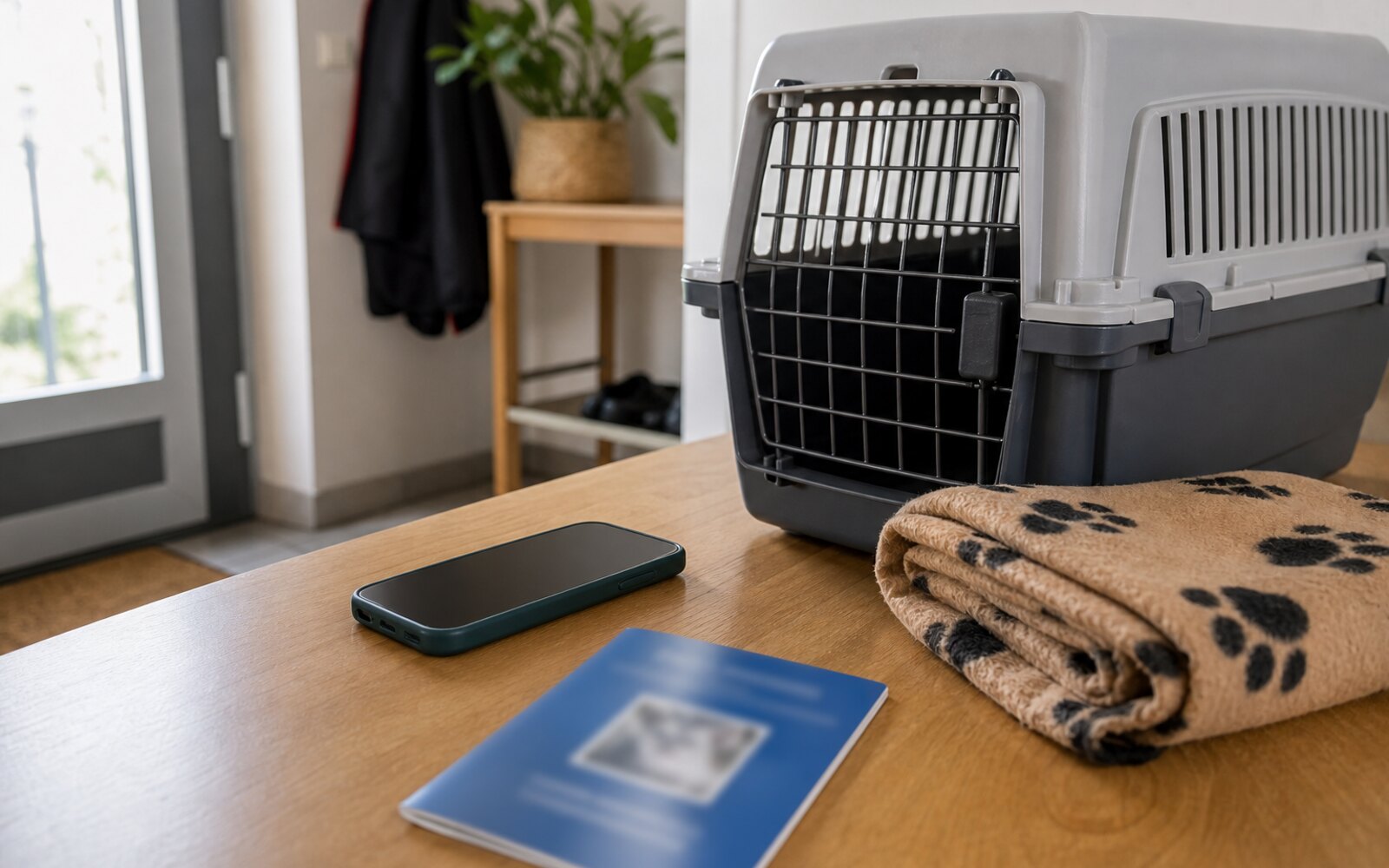 Téléphone, carnet de santé animal et caisse de transport prêts pour une urgence